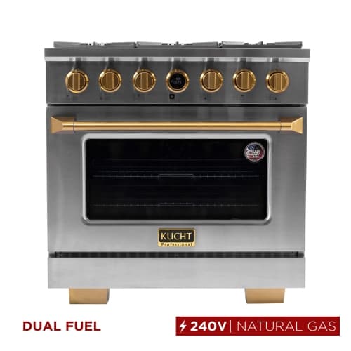 KUCHT Professional 36-inch 5.2 cu. ft. 6 Burners Dual Fuel Range for Natural Gas in Stainless Steel with Gold Accents and Kucht Horus Thermostat