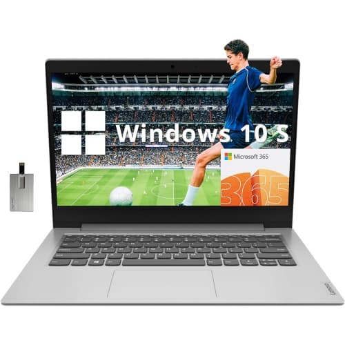 Lenovo IdeaPad 1 14" HD Business Laptop, AMD A6-9220e, 64GB eMMC, 4GB RAM, AMD Radeon R4 Graphics, 1 Year Office 365, Windows 10 S, Platinum Gray, 128GB Hotface USB Card
