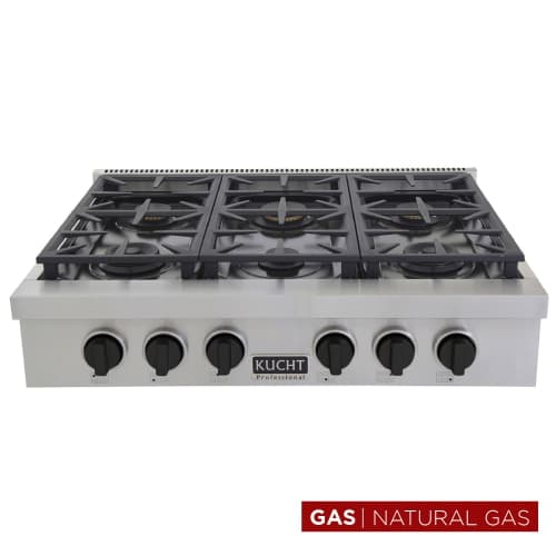 KUCHT Professional 36-inch Natural Gas Range with Sealed Burners in Stainless Steel with Tuxedo Black Knobs