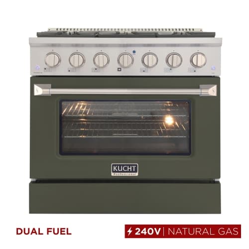 KUCHT Professional 36-inch 5.2 cu. ft. Dual Fuel Range for Natural Gas with Sealed Burners and Convection Oven in Stainless Steel with Olive Green Oven Door