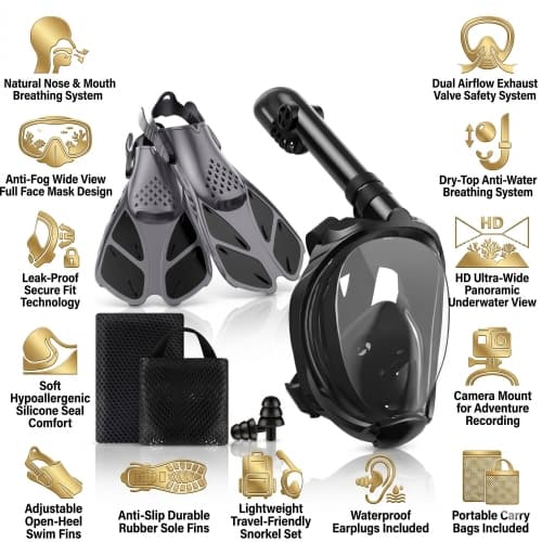 Full Face Snorkel Set with Fins for Adults, Panoramic View Anti-Fog Mask with Dry Top Breathing System, Leakproof Snorkeling Gear with Travel Bag