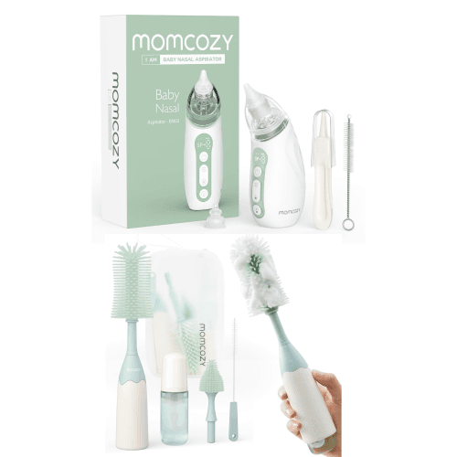 Momcozy Baby Nasal Aspirator, 3 Suction Levels Electric with Light Soothing and Music & Momcozy Bottle Brush Kit, Innovative Push-Press Design for Better Cleaning