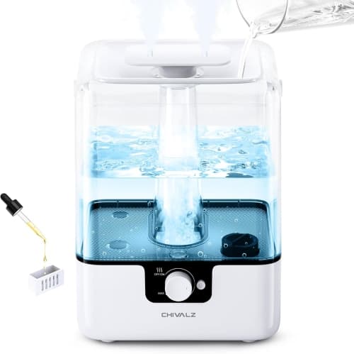 CHIVALZ 6L Cool Mist Humidifier for Home & Bedroom, Quiet 26dB, Up to 50 Hours, Top Fill Design, Oil Diffuser with Nightlight, 2 Mist Outlets, Perfect for Plants & Babies, White