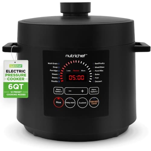 NutriChef Electric Pressure Cooker 6 Quart Capacity | 9 Function Digital Countertop Pressure Cooker | Adjustable Time & Temperature | Cook, Bake, Steam, & Braise | 13.1 x 11.4 IN