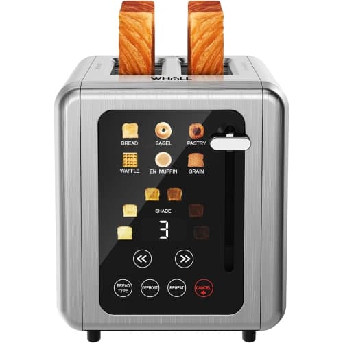 WHALL Touch Screen Toaster 2 Slice - Stainless Steel Digital Timer with Sound Function, Extra Wide Slots, 6 Bread Types, 6 Shade Settings, Bagel, Cancel, Defrost Functions