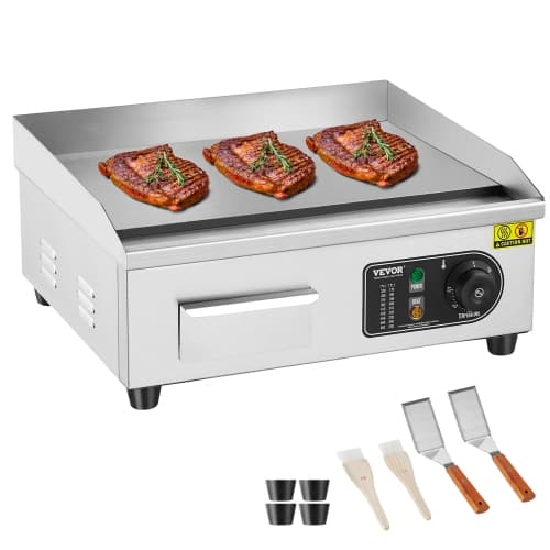 VEVOR 17.72x11.81x0.39 in Commercial Electric Griddle, 1700W Countertop Flat Top Grill, 122℉-572 ℉ Adjustable Temp, Stainless Steel Griddle Grill with 2 Shovels and 2 Brushes