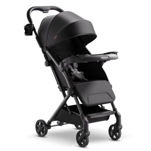 Mompush Lithe V2 Lightweight Stroller + Snack Tray – Ultra-Compact Airplane Ready Travel Stroller, Near Flat Recline, Cup Holder, Raincover & Travel Bag