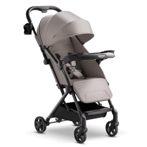 Mompush Lithe V2 Lightweight Stroller + Snack Tray – Ultra-Compact Airplane Ready Travel Stroller, Near Flat Recline, Cup Holder, Raincover & Travel Bag