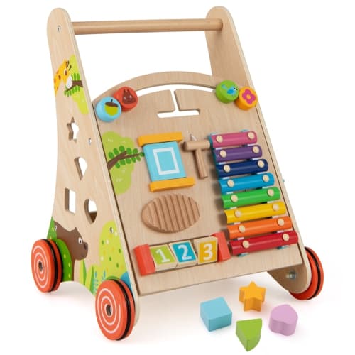 Gymax Wooden Baby Walker Baby Push Walker w/ Handle Storage & Wheels Walker Toy
