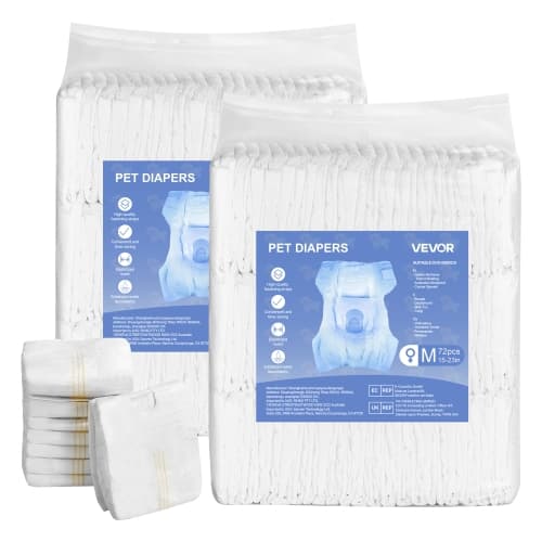 VEVOR 144 Count Disposable Dog Diapers,Super Absorbent Female Dog Diapers,360° Leak-Proof Female Doggy Pet Diaper with Wetness Indicator for Heat Period,Training- M,(2Packs of 72)