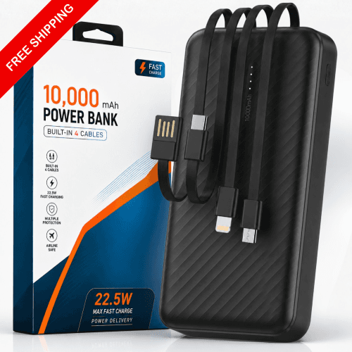 LDAS 10000mAh Power Bank with Built-In USB-C & Lightning Cables – LCD Display, 6 Outputs, Fast Charging Portable Charger for iPhone, Samsung & Android – FREE SHIPPING (Black)