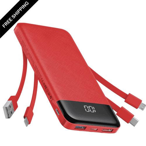 10000mAh Power Bank with LCD Display with Built-In Cables – 6 Outputs, 3 Inputs, 3A Fast Charging Power Bank for Samsung, Google Pixel and More (Red)