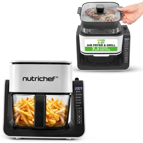 NutriChef 4 QT Air Fryer & Grill | 7-1 Preset Cook Modes | Transparent Fry Bowl | Cook Shrimp, Steak, Fries, Wings & More | 4 QT Glass Air Fryer & 1.2 QT Grill | White