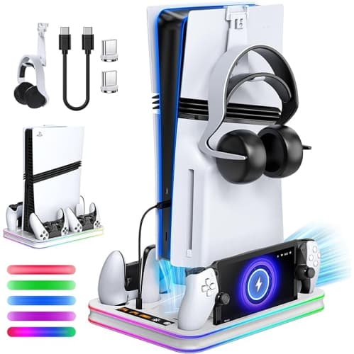 Cooling Stand & Charger Station for PS5/Slim/Pro Console and Controller, RGB Multi-Device Charging Dock for PlayStation 5 Portal with 3 Speed Fan System, Accessories Headset Holder