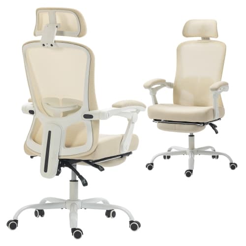 HOMCOM Ergonomic Office Chair, Mesh Reclining Desk Chair with 2D Lumbar Support, 2D Headrest, Footrest, Adjustable Height, Swivel Wheels, Beige