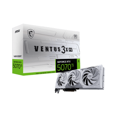 MSI GeForce RTX 5070 Ti 16G VENTUS 3X PZ OC Graphics card, GDDR7, 16G, PCI-E 5, 2482 Mhz Boost, 28Gbps, 256 bits, 16-pin x 1, HDMI 1 (2.1b), DP 3 (2.1a)