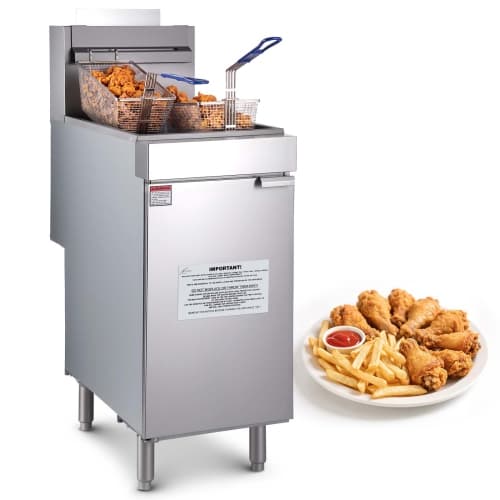 VEVOR 90,000 BTU Commercial Deep Fryer, 3-Burner Fryer for Restaurants, Stainless Steel Floor Standing Deep Fryers with Dual Baskets, Natural Gas Powered, 40 lbs Capacity