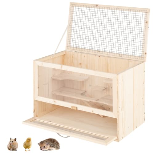 Gymax Wooden Hamster Cage Hamster Habitat Playpen w/ Mesh Flip Roof Multi-Ladder Areas