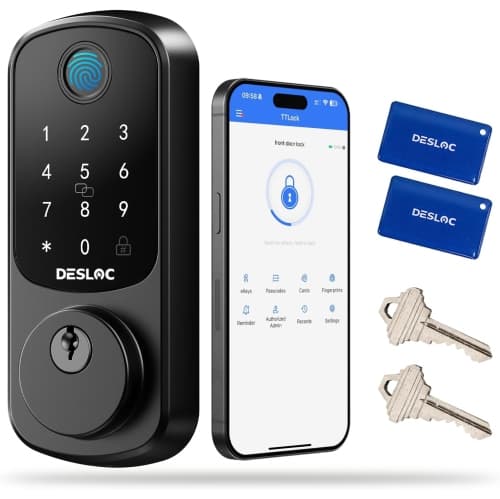 DESLOC B200 Fingerprint Smart Door Lock, Keyless Entry Door Lock, App Control, Works with Alexa, Front Door Smart Deadbolt Lock, Touchscreen Keypad, Emergency Power Port, Black