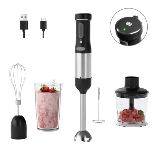 WHUTO Cordless Immersion Hand Blender, 5-in-1 Variable Speed blender handheld, 2000mAh Battery, Beaker,Chopper,Whisk & Milk Frother,Ink