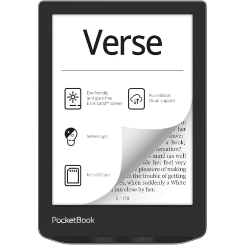 Open Box - PocketBook Verse 6in E-Ink Carta HD Touchscreen E-Reader, SMARTlight, Wi-Fi, 8GB, microSD Slot, Up to 1 Month Battery, Misty Grey