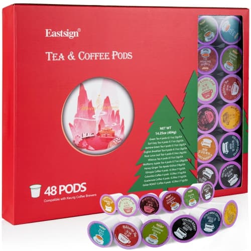Eastsign 48-Pack K-Cup Variety 12 Flavors for Keurig. Includes Eng. Breakfast, Jasmine, Earl Grey, Green, Rose, Ginger, Goji, Hibiscus Tea + Guat., Ital., Ethio., Colom. Coffee