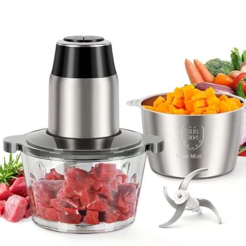 Food Processors, Electric Food Chopper with Meat Grinder & Vegetable Chopper - 2 Bowls (8 Cup+8 Cup) with Powerful 450W Copper Motor - Includes 2 Sets of Bi-Level Blades for Fruits