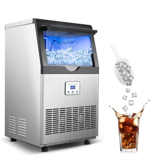 90LBS/24H Commercial Ice Maker Machine, Undercounter or Freestanding Stainless Steel Ice Machine with 25LBS Storage, 32 Cubes/Cycle, Self-Cleaning & Quiet Operation for Home, Bar,