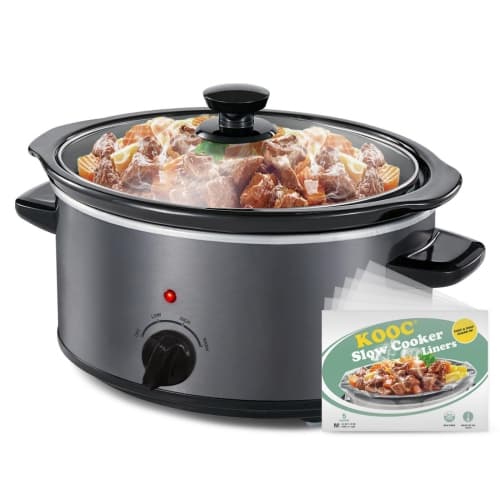 4-Quart Slow Cooker, 3 Cooking Settings, Dishwasher Safe Ceramic Crock, Glass Lid, Free Pot Liners Included, GREY, Ellipse Pot