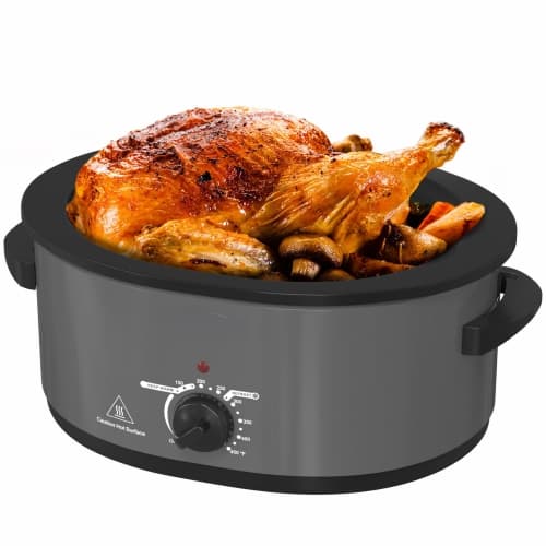 8 Quart Slow Cooker with Self-Spinning Lid, Electric Turkey Oven with Removable Tray and Shelf, Stainless Steel, Gray