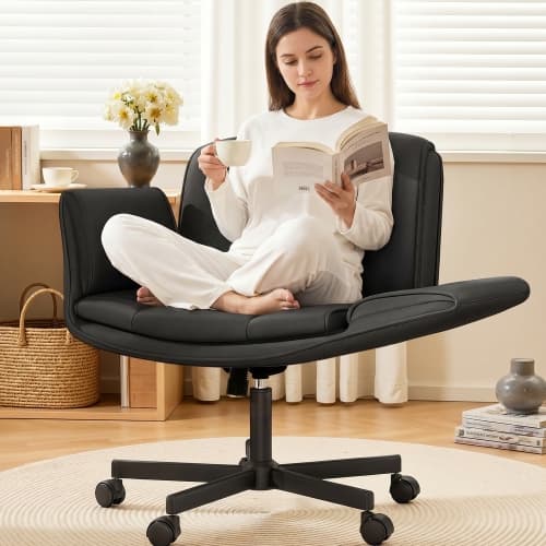 Coolhut 4 in 1 Cross-Legged Home Office Chair with Wheels & Expandable Arms, PU Leather Wide Seat Vanity Chair, Swivel Computer Chair, Tilt, Criss Cross Desk Chair for Makeup Room