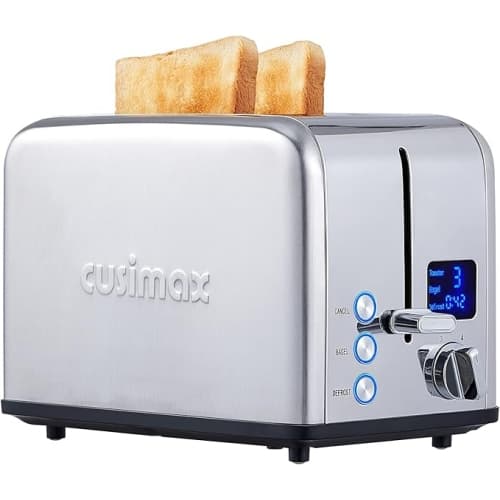 Toaster 2 Slice, CUSIMAX Stainless Steel Toaster with Large LED Display, Bread Toaster 1.5'' Extra-wide Slots with 6 Browning Settings, Cancel/Bagel/Defrost Function, Removable Cru