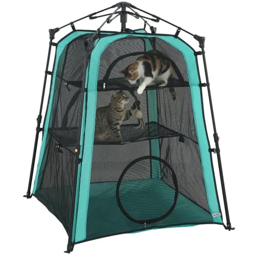 PawHut Cat Catio Playpen, 3-Tier Portable Pet Enclosure Tent Multi-Door Design, Indoor Outdoor Use, Carry Bag Included, Breathable Mesh for Ventilation & Security, Sun Protection