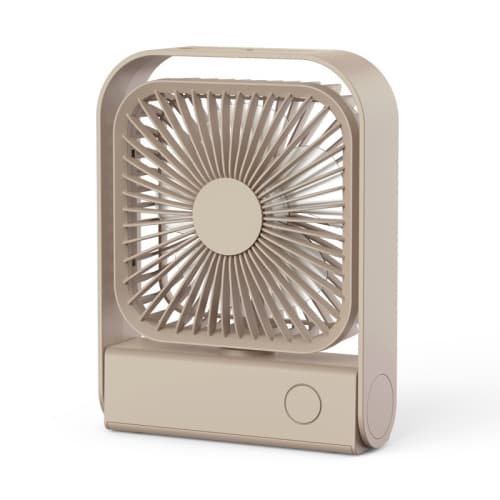 Beige wall-mounted table fan, desktop oscillating fan, portable folding office/home fan.