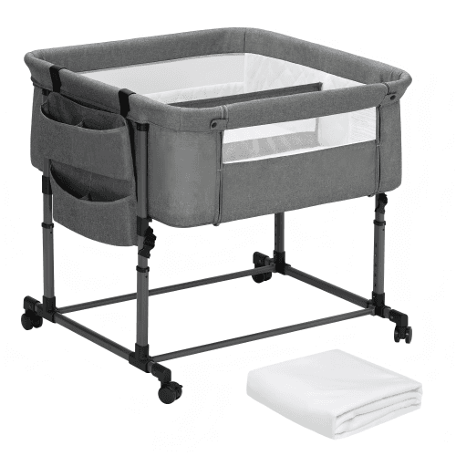 Twin Bassinet for 2 Babies,Portable Twins Crib with Storage Bag and Replaceable Mattress Cover,Adjustable Height Double Bedside Crib Attaches to Bed with Strap for 0-6 Months (Deep