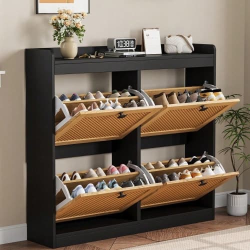 GARVEE Shoe Cabinet with 4 Deep Flip Drawers, Base Freestanding Wooden Shoe Storage Cabinet with Rattan Door
