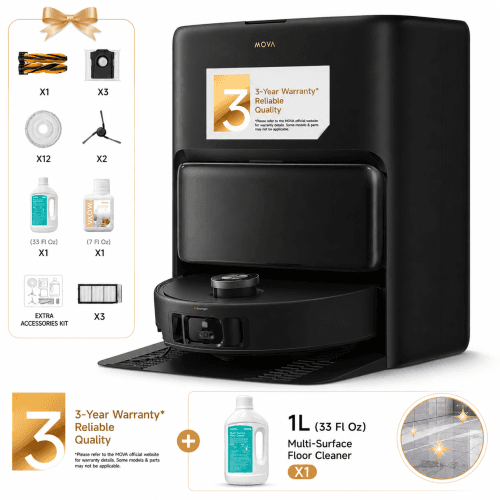MOVA V50 Ultra Complete Robot Vacuum and Mop Kit with Official Cleaning Solution(1L/33 Fl oz)-Black