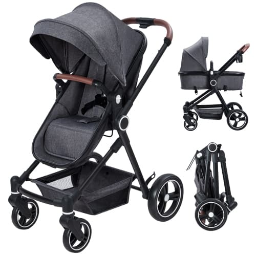 2-in-1 Convertible Baby Stroller/Bassinet – Lightweight, Removable Seat, Shock-Absorbing Wheels, Large Basket&Cup Holder