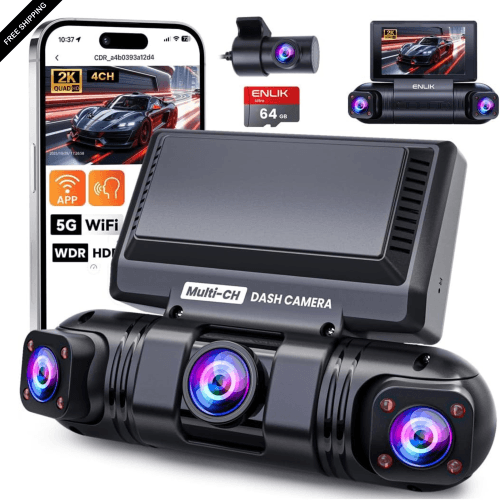 Dash Cam Front and Rear Camera 360° View 4 Channel Dashcam for Cars, QHD 2K+1080P*3 Car Dash Camera with 64GB Card, 5G WiFi &APP Control, Night Vision/G-Sensor, 24H Parking Mode